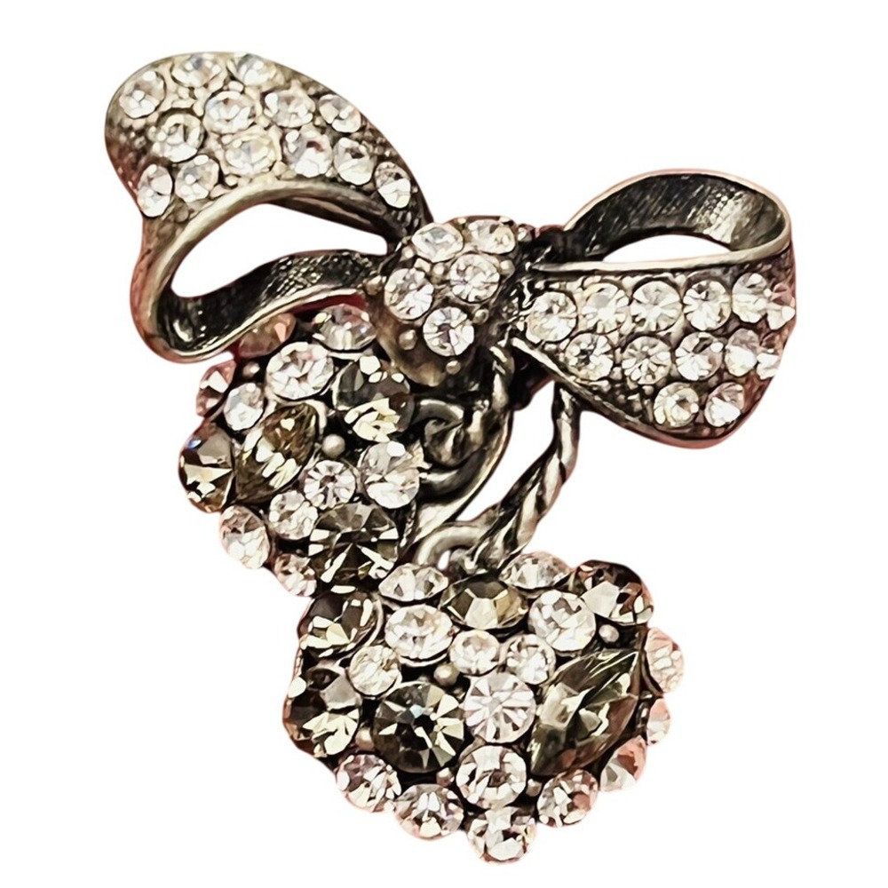 VTG Brooch Pin Victorian Trading Co Bow Heart Silver Crystal Rhinestone‎ jeweled